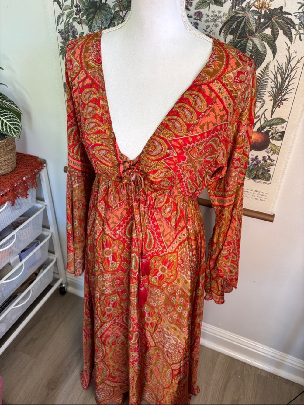 Bohemian Red Paisley Tie-Front Maxi Dress